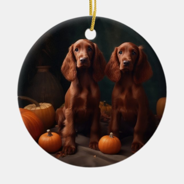 Ornamento De Cerâmica Irlandês Red Setter Puppy Autumn Delight Pumpkin (Frente)