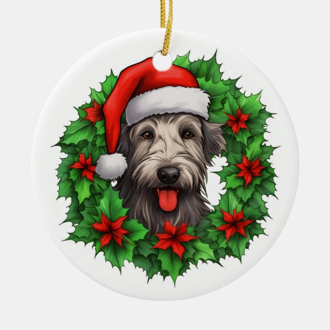 Ornamento De Cerâmica Irlandês Wolfhound Christmas Wreath (Frente)