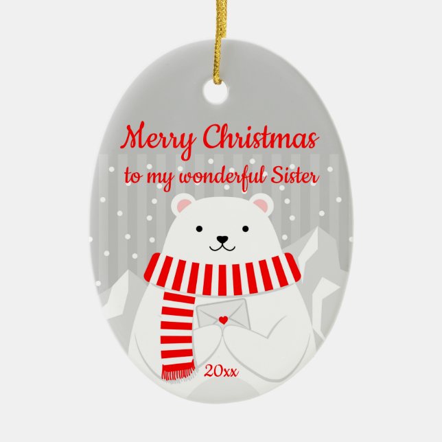 Ornamento De Cerâmica Irmã Bonita do Urso Polar Datado Personalizada (Frente)