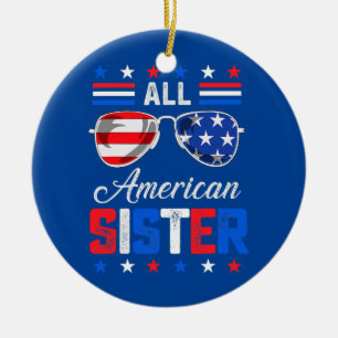 Ornamento De Cerâmica Irmã totalmente americana 4 de julho Família EUA