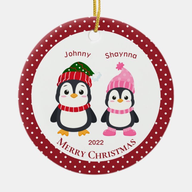 Ornamento De Cerâmica Irmão Whimsical e Pinguins Irmã Personalizados C (Frente)