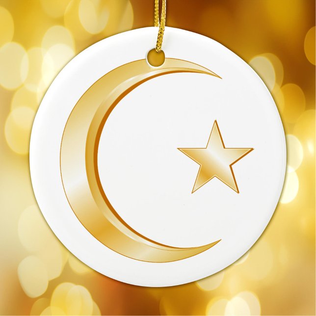 Ornamento De Cerâmica Islã, símbolo Dourado (Crescent moon and star, symbol of Islam. Customize with your own text or message.)