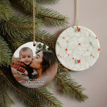 Ornamento De Cerâmica Ivory Festivo Foto Botânica<br><div class="desc">Um ornamento festivo,  festivo,  fotocerâmico,  pintado à mão. Personalize com sua própria foto e assinatura da família para estimar ano após ano!</div>