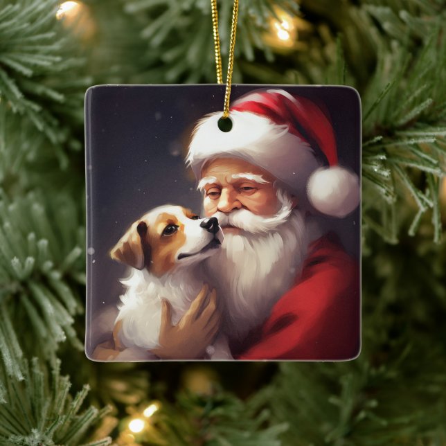 Ornamento De Cerâmica Jack Russell Com Papai Noel Natal Festivo (Árvore)