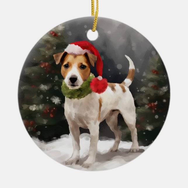 Ornamento De Cerâmica Jack Russell Dog no Natal da Neve (Frente)
