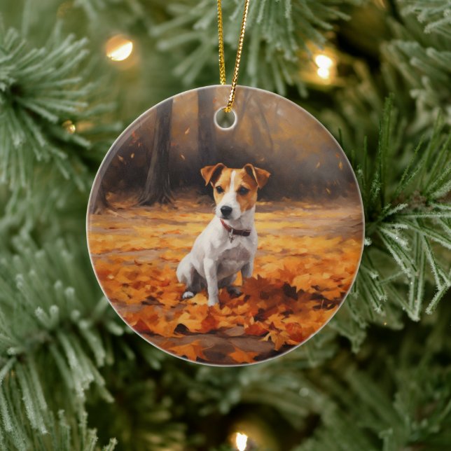 Ornamento De Cerâmica Jack Russell no outono deixa cair inspiração (Árvore)