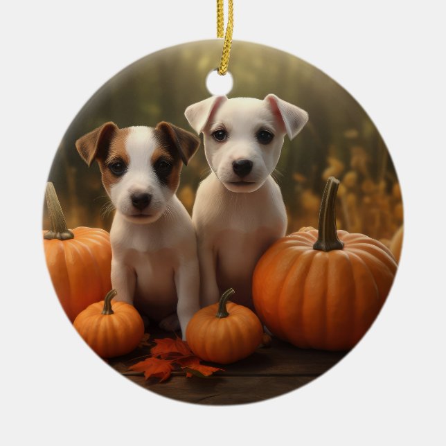 Ornamento De Cerâmica Jack Russell Puppy Autumn Delight Pumpkin (Frente)