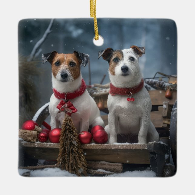 Ornamento De Cerâmica Jack Russell Snowy Sleigh Decência de Natal (Frente)