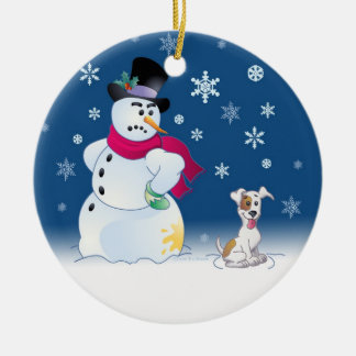 Ornamento De Cerâmica Jack Russell Terrier e boneco de neve