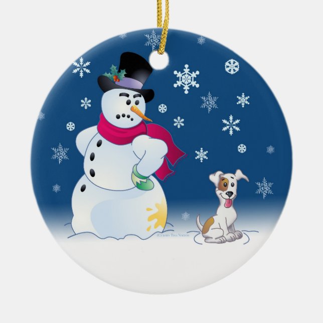 Ornamento De Cerâmica Jack Russell Terrier e boneco de neve (Frente)
