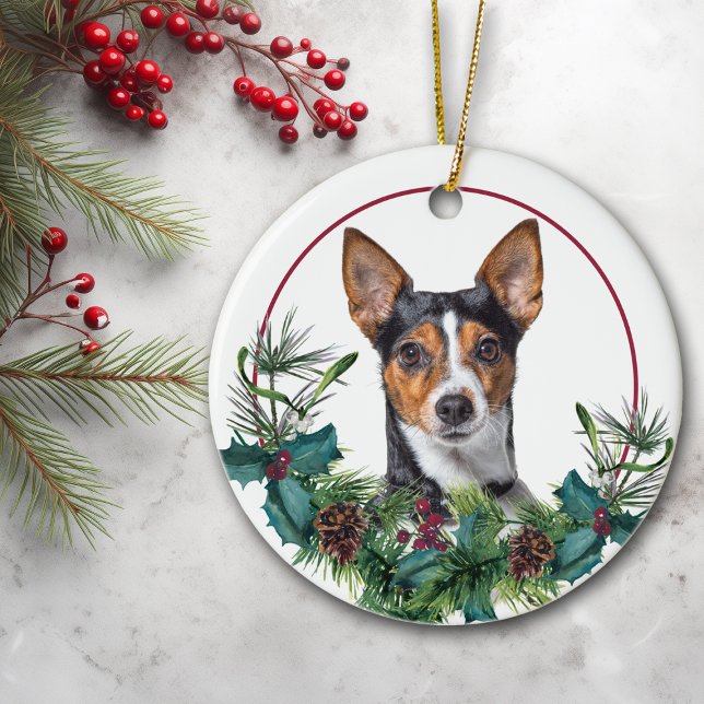 Ornamento De Cerâmica Jack Russell Terrier Evergreen Berry Wreath (Criador carregado)