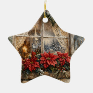 Ornamento De Cerâmica Janela de Natal com Poinsettia Nevada