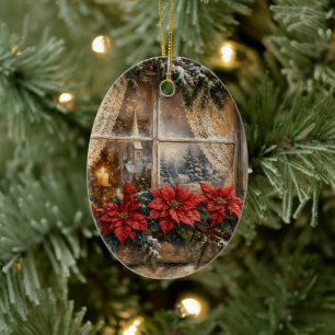 Ornamento De Cerâmica Janela de Natal com Poinsettia Nevada