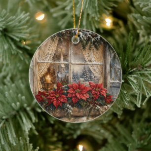 Ornamento De Cerâmica Janela de Natal com Poinsettia Nevada