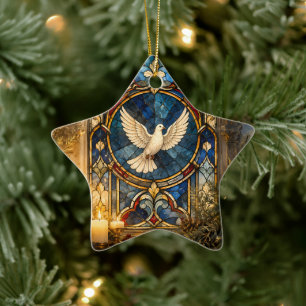 Ornamento De Cerâmica Janela de Natal com Pombo de Vidro Colorido