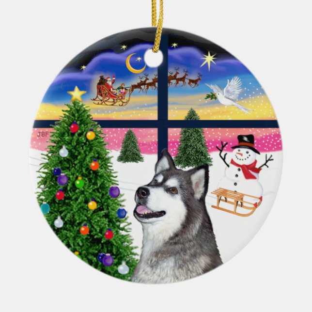 Ornamento De Cerâmica Janela Xmas - Alaskan Malamute (Frente)
