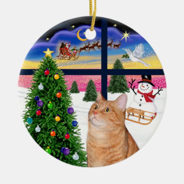 Ornamento De Cerâmica Janela Xmas - Gato de mesa laranja (Frente)