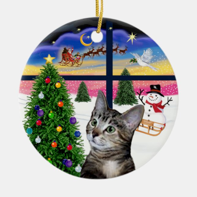 Ornamento De Cerâmica Janela Xmas - Gato de Tigre Marrom para Tabby (Frente)