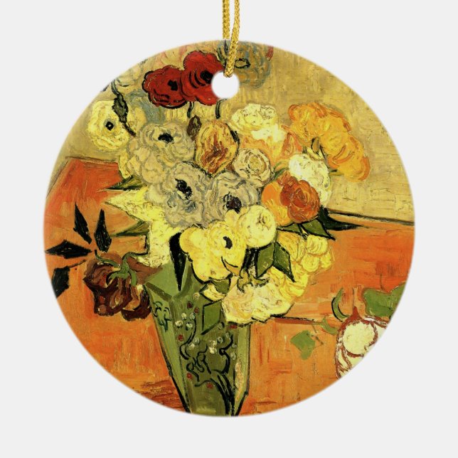 Ornamento De Cerâmica Japanese Vase, Roses, Anemones by Vincent van Gogh (Frente)