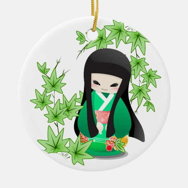 Ornamento De Cerâmica Japonês Geisha Doll - série verde (Frente)