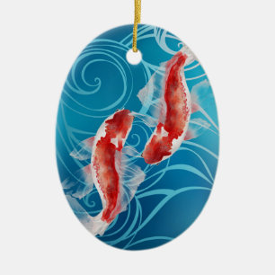 Ornamento De Cerâmica Japonês Koi Fish Oriental Waves Casais Natal