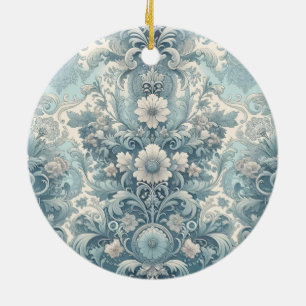 Ornamento De Cerâmica Jardim Vitoriano em Azul   Vintage Barroco Floral