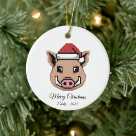 Ornamento De Cerâmica Javali Javali de Arte Pixel Chapéu de Papai Noel P