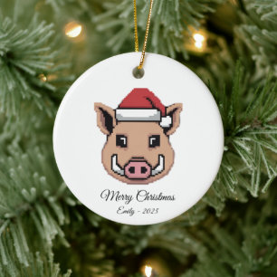 Ornamento De Cerâmica Javali Javali de Arte Pixel Chapéu de Papai Noel P