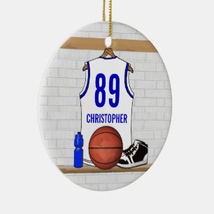 Ornamento De Cerâmica Jérsei branco e azul personalizado do basquetebol