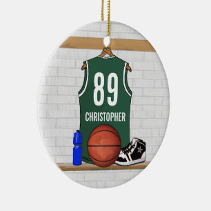 Ornamento De Cerâmica Jérsei branco verde personalizado do basquetebol