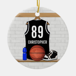 Ornamento De Cerâmica Jérsei preto e branco personalizado do basquetebol