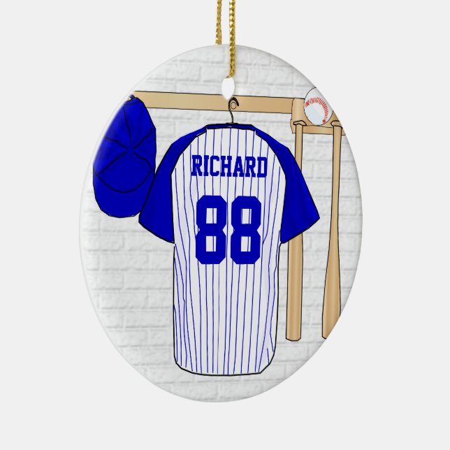 Ornamento De Cerâmica Jersey Blue e White Baseball personalizados (Direito )