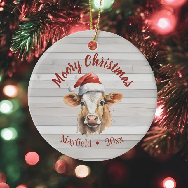 Ornamento De Cerâmica Jersey Cow, Barn Wood, "Moory Christmas" (moory christmas barn wood ornament with jersey cow)