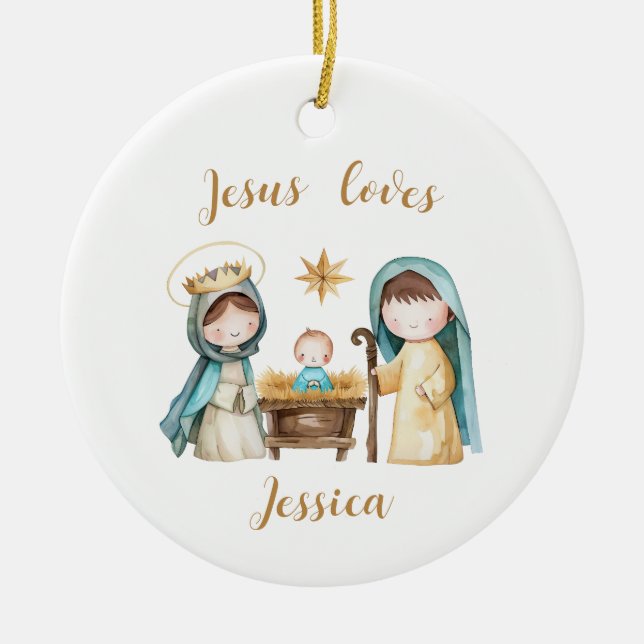 Ornamento De Cerâmica Jesus ama o nome da criança personalizada cena da  (Frente)