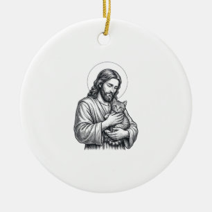 Ornamento De Cerâmica Jesus Antigo Segurando Gato Gravura Gráfico_1