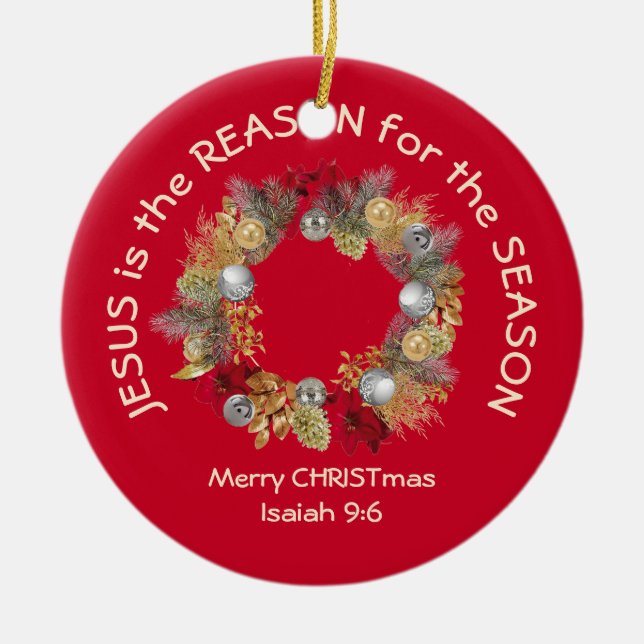 Ornamento De Cerâmica JESUS É A RAZÃO DO Natal Vermelho (Frente)