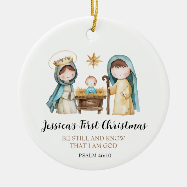 Ornamento De Cerâmica Jesus Nativity Scene Bible Verse First Christmas (Frente)