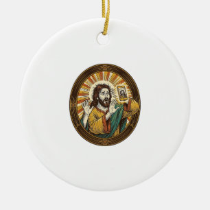 Ornamento De Cerâmica Jesus Selfie Acidental com Câmera Frontal e Papada