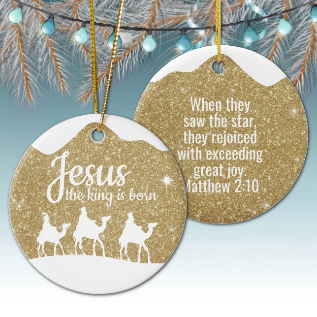 Ornamento De Cerâmica Jesus the King is Born Divine Passage ⛪️ 🎄 (Customizable phrase Jesus the King is Born, Inspirational Holiday Ceramic Ornament Gold Sparkle 🤴✞)