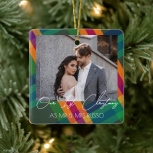 Ornamento De Cerâmica Jewel Tone Xadrez Primeiro Natal Foto