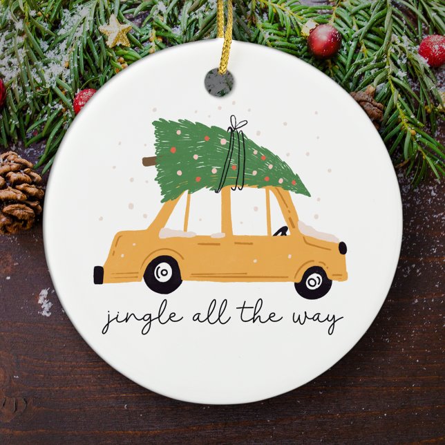 Ornamento De Cerâmica Jingle All Way Car and Christmas Tree Holiday (Criador carregado)