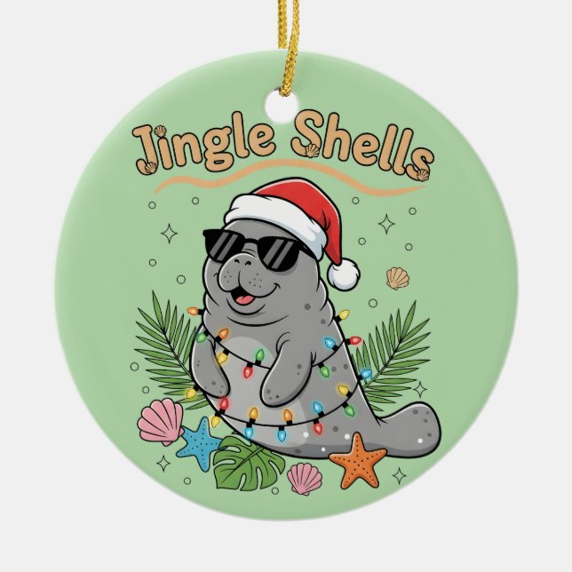Ornamento De Cerâmica Jingle Shells Tropical Santa Manatee Christmas (Frente)