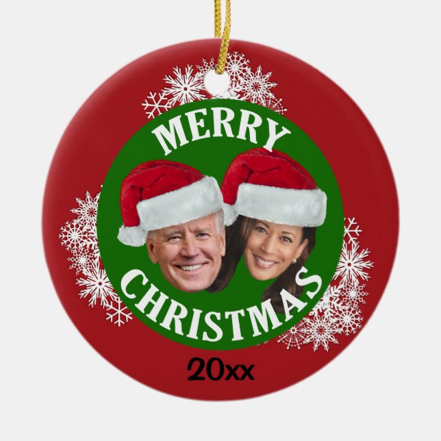 Ornamento De Cerâmica Joe Biden Kamala Harris 2020 com Santa Hats & Snow (Frente)