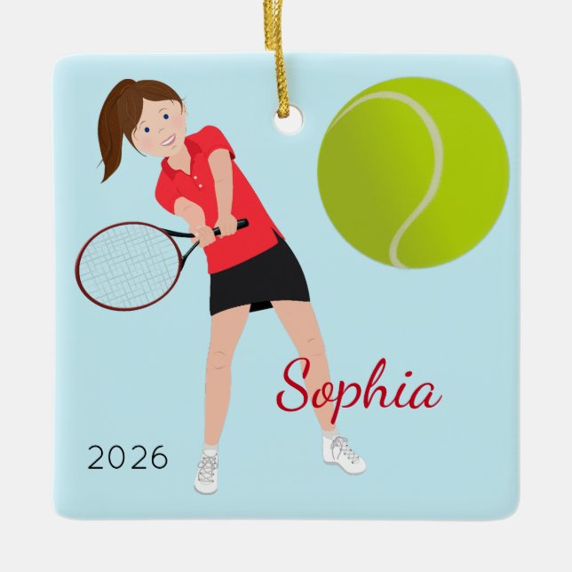 Ornamento De Cerâmica Jogador de Tênis Azul-Cabelo Castanho (Frente)