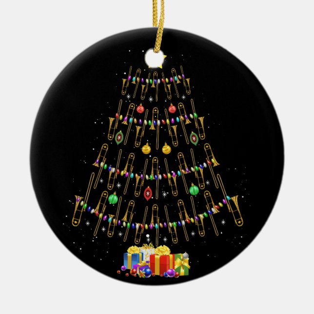 Ornamento De Cerâmica Jogador de Trombone de Natal Oferece Árvore Xmas (Frente)