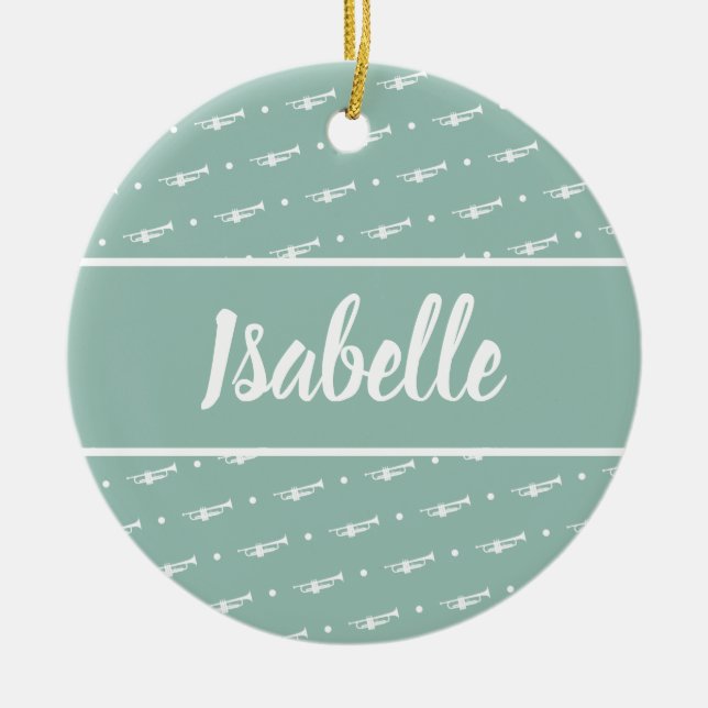 Ornamento De Cerâmica Jogador de trompete Presente Personalizado Verde (Frente)