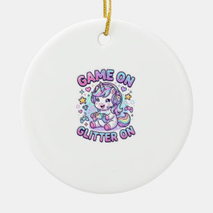 Ornamento De Cerâmica Jogo de Unicórnio com Brilho em Design Gráfico Mer