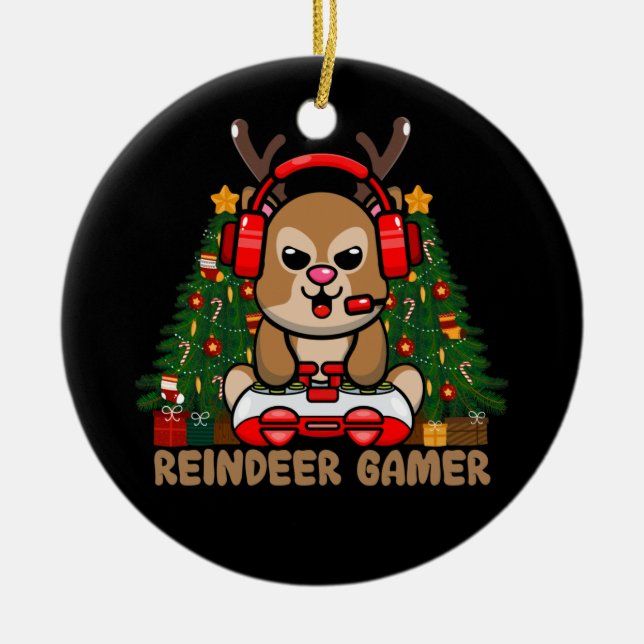 Ornamento De Cerâmica Jogos de Vídeo de Natal para Gamer Reindeer (Frente)