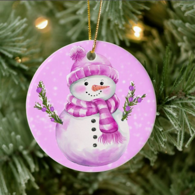 Ornamento De Cerâmica Jolly Snowman Pink Personalized (Personalize the back with your own message)