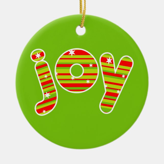 Ornamento De Cerâmica JOY at Christmas, Red & Green Stripes (Frente)